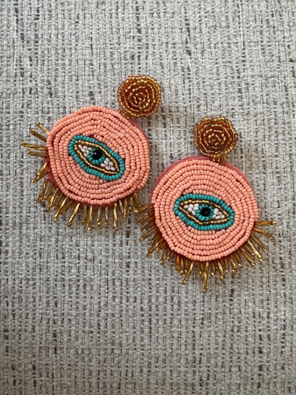 Hand-Beaded Peach Eye Drop Earrings with Gold Accents